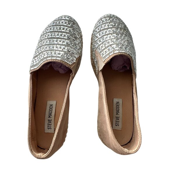 Steve Madden Rhinestone Suede Platform Espadrilles Proud Beige Silver Size 8 - Picture 4 of 9